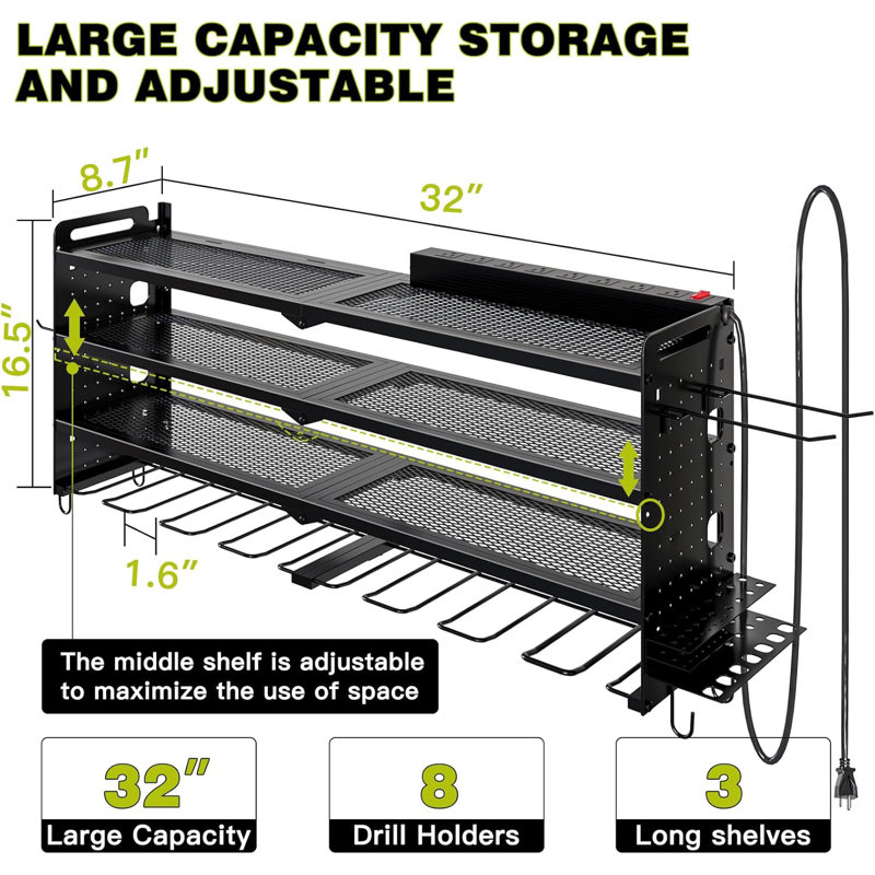 Support mural pour outils électriques avec station de charge, 8 supports de perceuse, support de rangement à 4 niveaux pour l'organisation d'outils de garage