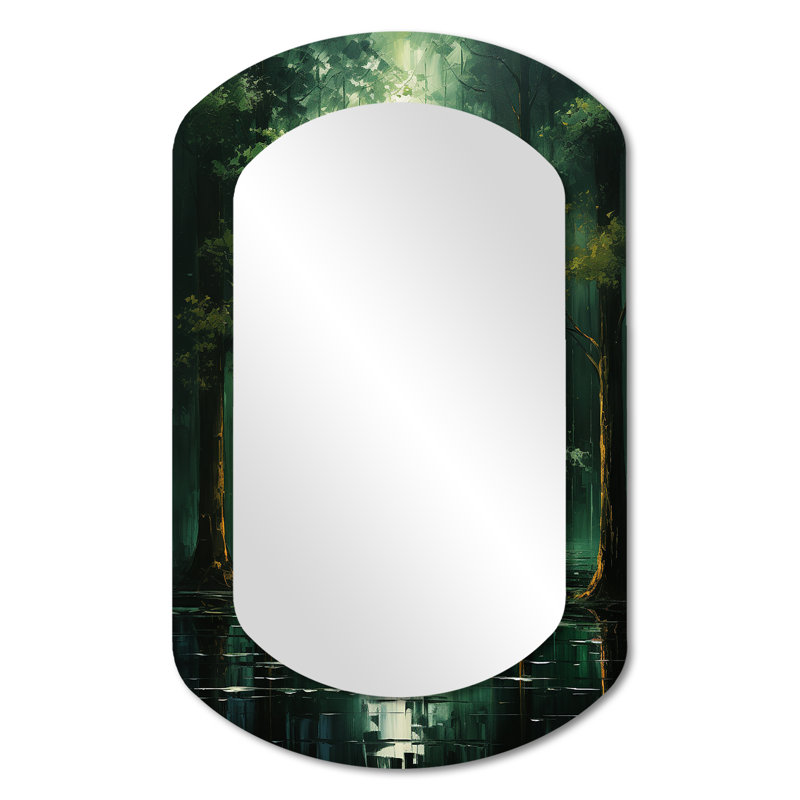 Solitude dans la forêt d'émeraude II - grand miroir mural cylindrique forêt, miroir unique asymétrique traditionnel, impression d'art en métal