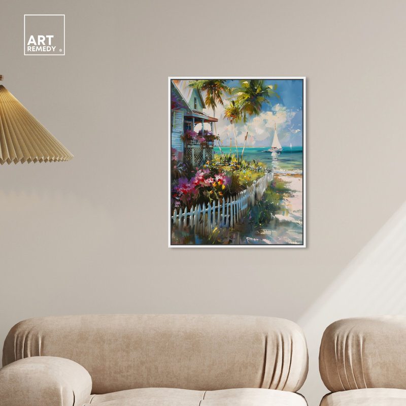 Colorful Coastal Beach House Canvas Print with White Frame