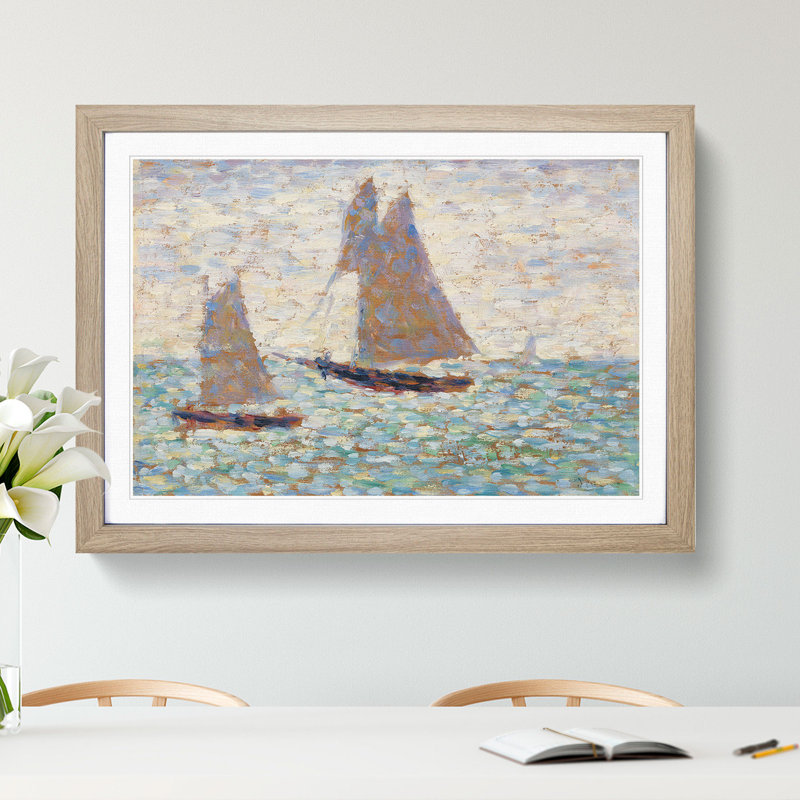Two Sailboats at Grandcamp by Georges Seurat - Picture Frame Painting, 27cm H x 36cm W x 2cm D, Oak