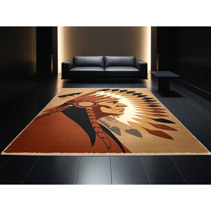 Soft Plush Dunphy Feathered War Chief Classic Block Print Area Rug in Brown – Beige Binding, 5x8