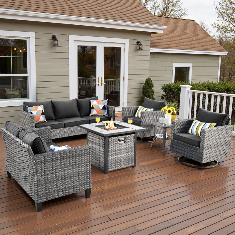 Harbin 7-Person Wicker/Rattan Patio Conversation Set With Cushions, Black