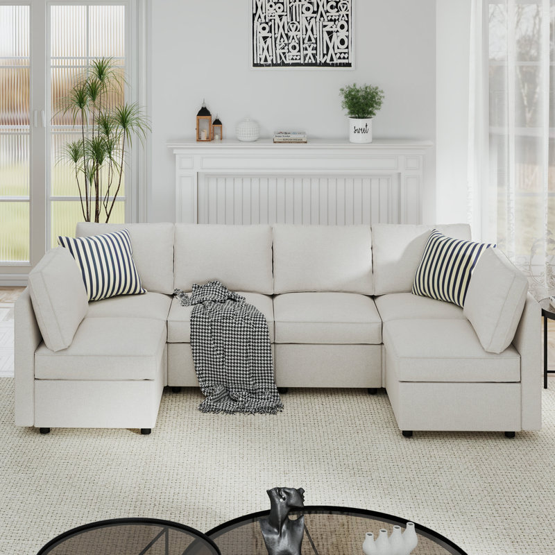  Bermea 6-Piece U-Shaped Soft Fabric Cushion Back Modular Sectional With Under-Seat Storage, Almond Haze Polyester Blend