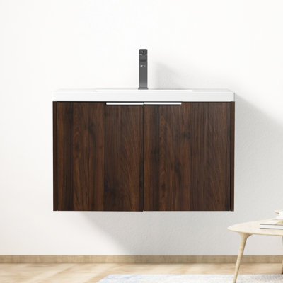 Meuble-lavabo à fermeture en douceur, 30 po Petite salle de bain. Fixé au mur. Lavabo en résine. Meuble-lavabo à finition noyer avec lavabo