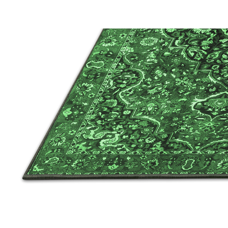 Tapis oriental en laine / polyester tissé à la machine Olender en vert / noir / gris, Rectangle 5 pi x 7 pi