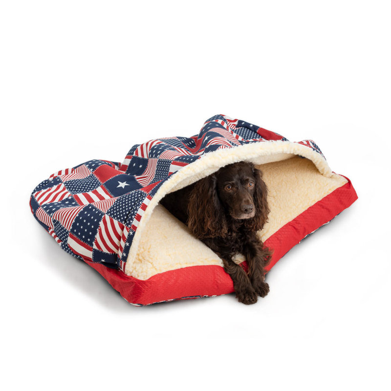 Small Red and Blue Polyester Hooded Outdoor Dog Bed