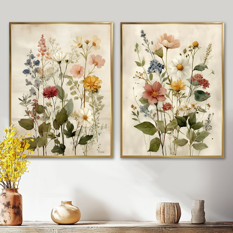 Art mural sur toile 2 fleurs rétro, H 32 po x l 48 po, White Picture Framed