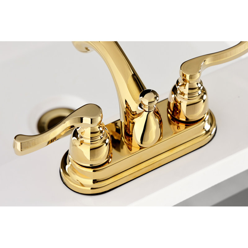 Kingston Brass Royale Two-Handle 3-Hole Deck Mount 4" Centerset Bathroom Faucet with Plastic Pop-Up, Polished Brass