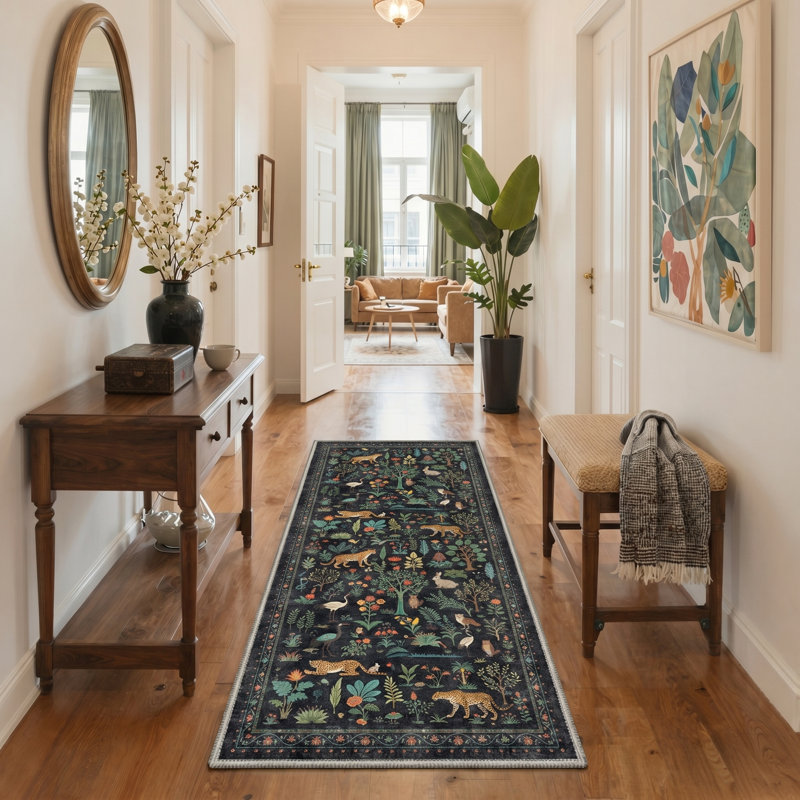 Veridian Floral Machine Washable Green / Black Indoor Area Rug with Non-Slip Backing, Runner 2' x 7'