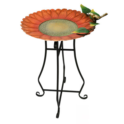 Colorful Painted Metal Bird Bath Orange Sunflower Center