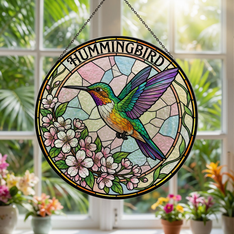 Panneau de vitrail à motif de colibri floral 12 po H 12 po, H 12 po x l 12 po