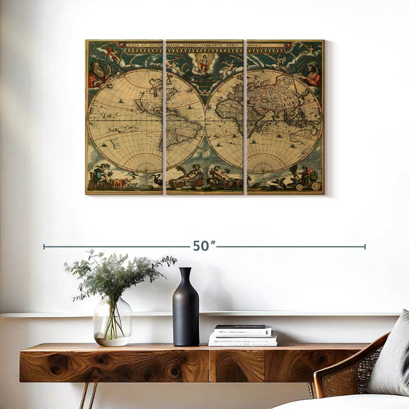 Carte du monde Aliaz des années 1600, H 24 po x l 38 po