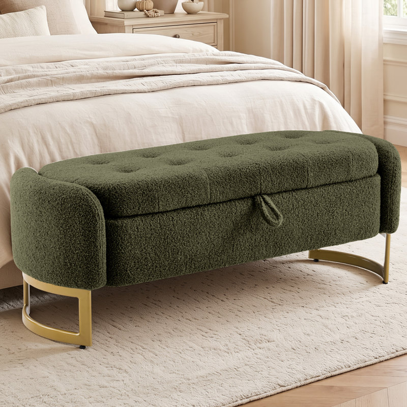 Banc de rangement capitonné Teddy avec pieds en fer courbés, structure en bois massif et plateau relevable à languette., Vert