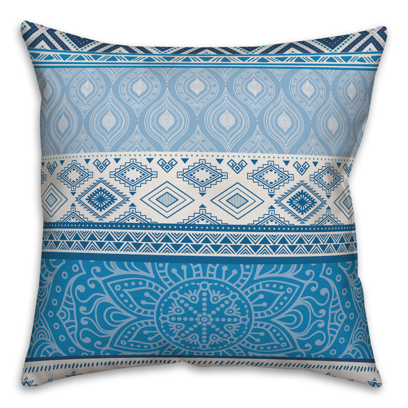 Coussin décoratif intérieur / extérieur Boho, 16 po x 1 po, Pas de bourre, Bleu clair / blanc cassé