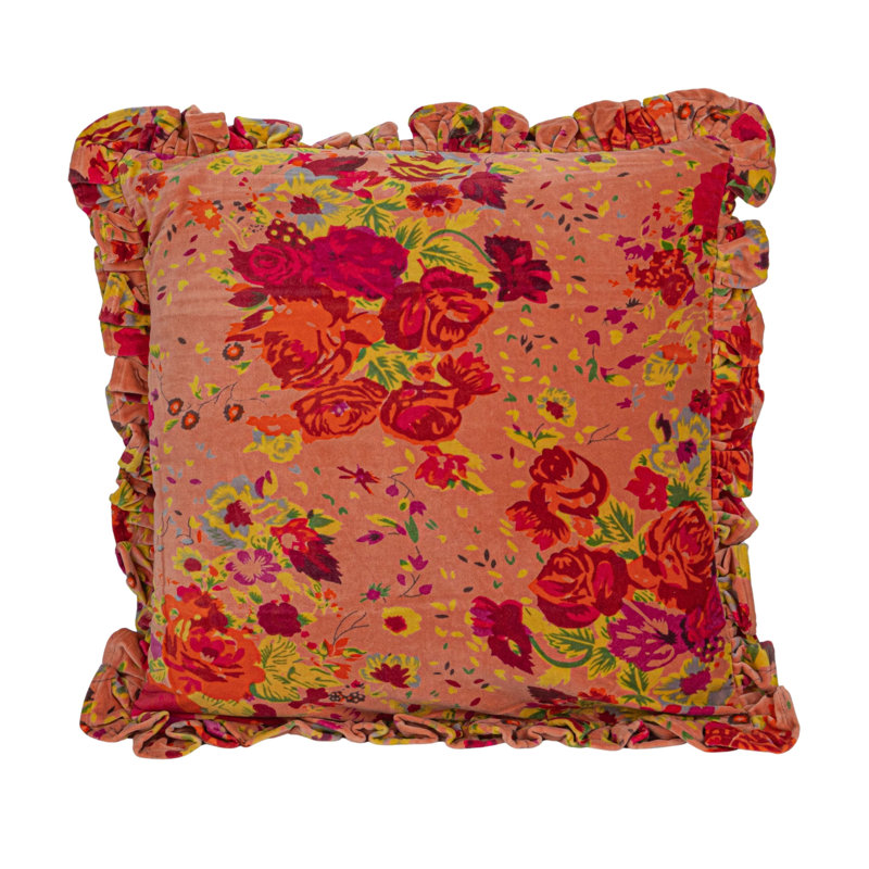 Multicolor Floral Velvet Square Pillow with Ruffle Trim