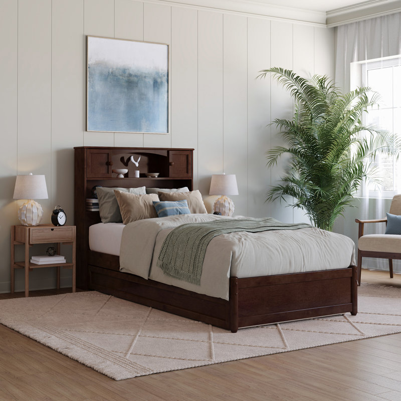 Lit plateforme avec rangement et lit gigogne Ashney, Simple très long, Noyer