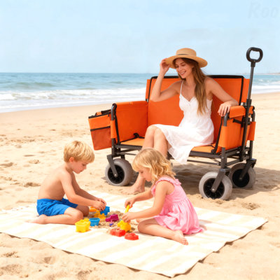  3-in-1 Convertible Folding Wagon with Bench Seat, 500lbs Load & All-Terrain Beach Wheels - Orange