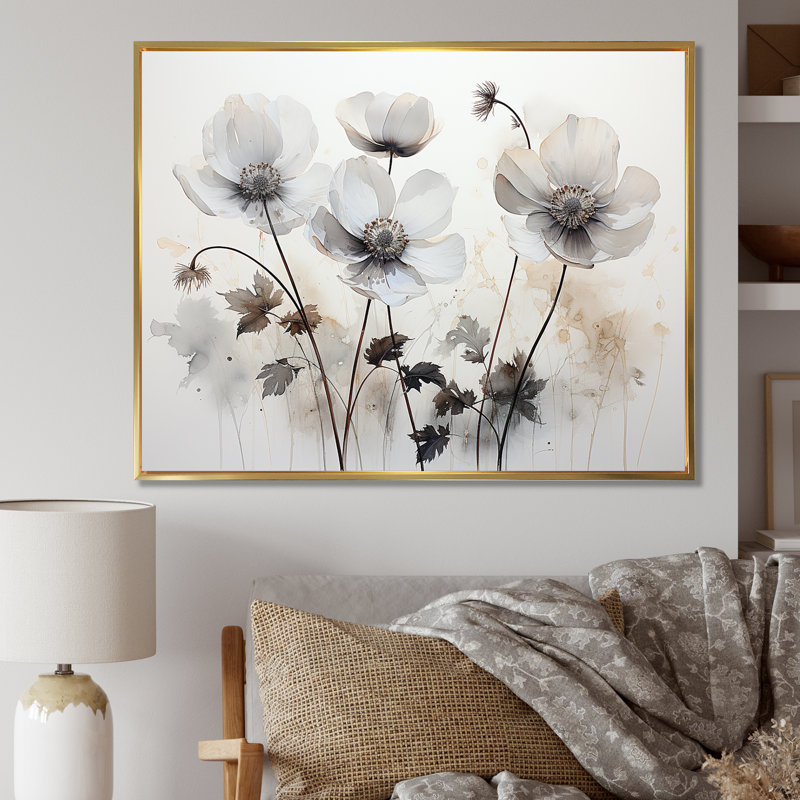 Buttercups Fields On Grey I - Buttercups, reproduction d'art sur toile encadrée, Cadre flottant doré, H 34 po x l 44 po