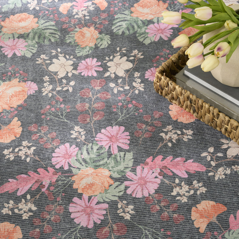 Nourison Botanical Washables 5' x 7' Charcoal Multicolor Farmhouse Indoor Rug, Multicolor Charcoal, Rectangle 5' x 7'
