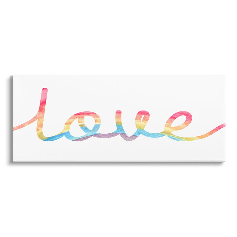 «Simplistic Rainbow Love», typographie cursive sur blanc, estampe numérique encadrée par Daphne Polselli, Toile tendue