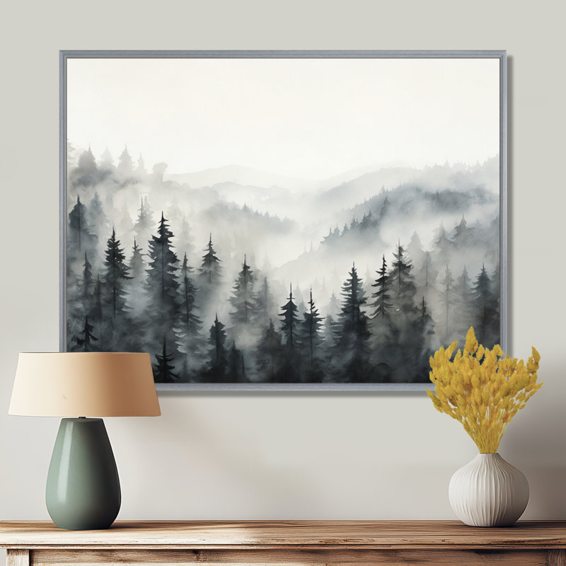 «Gray Misty Morning Forest Horizon», art mural encadré forêt, H 34 po x l 44 po, Encadrement argenté