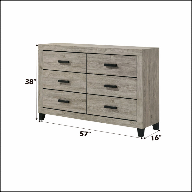 Commode à finition gris clair Mari avec six tiroirs spacieux, parfait pour les espaces modernes et traditionnels.