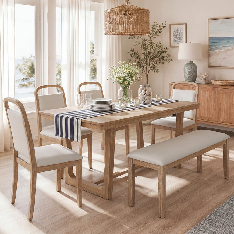 Ensemble de table de salle à manger 6 pièces, table de cuisine de ferme avec 4 chaises rembourrées et 1 banc, sièges pour 6, ensemble de salle à manger rectangulaire pour la salle à manger, cuisine