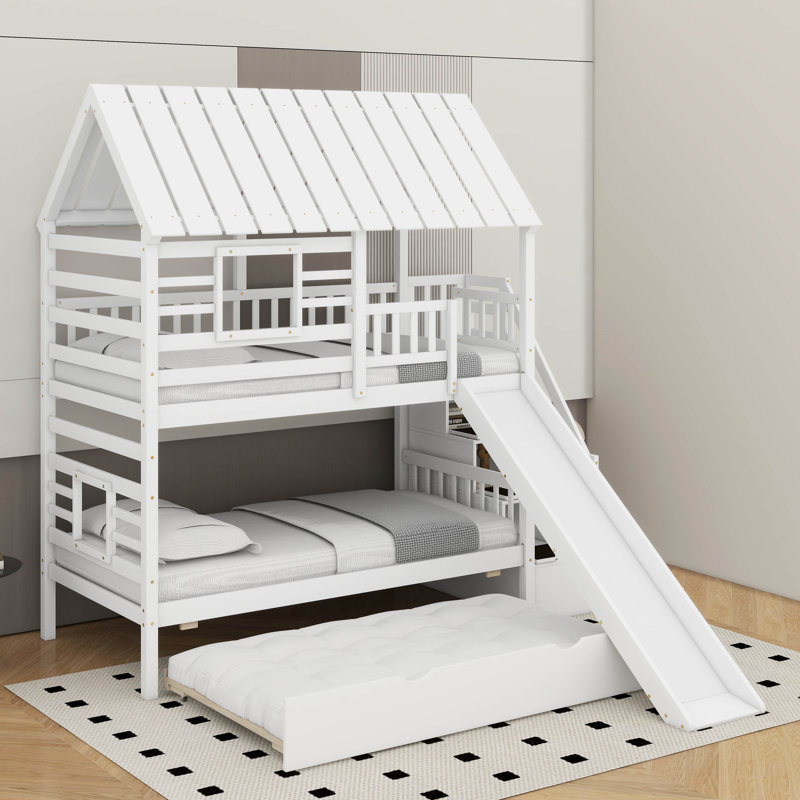 Twin Over Twin Bunk Bed With Trundle, White