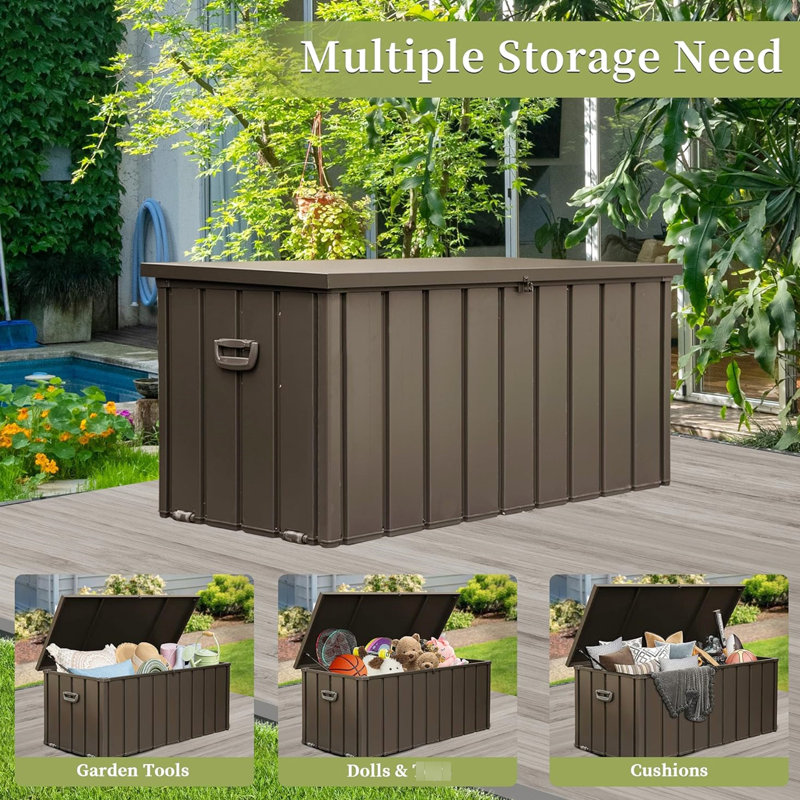 160 Gallon Patio Deck Container - Waterproof, Lockable Box  Dark Brown  Stores Cushions, Pillows, Garden Tools Galvanized Steel, Hydraulic Piston, Portable Design Outdoor Waterproof Gallon, Lockable,