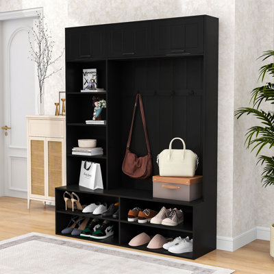 5-in-1 Hall Tree with 4 Hooks, Bench and Shelves