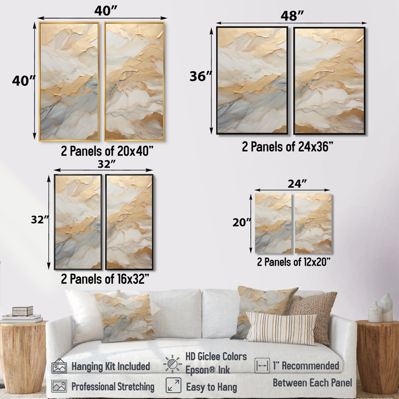 Art mural en pierre beige et doré Glacier III - formes abstraites surdimensionnées, 2 panneaux, H 36 po x l 48 po, Doré