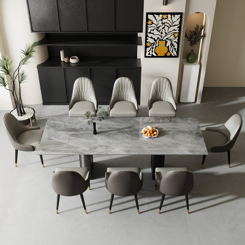 Sammie 9 - Piece 94.48'' Extendable Sintered Stone Dining Table with 8 Leather Chairs Dining Set, Italian Gray, Black