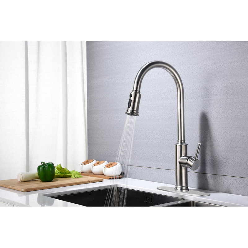 Tirez vers le bas pour le robinet de cuisine - rotation de la buse à arc élevé 360, modes de pause de jet d'eau, levier simple à réglage facile, finition en nickel brossé, matériau en acier inoxydable, traitement contre la rouille, éclaboussures d'eau