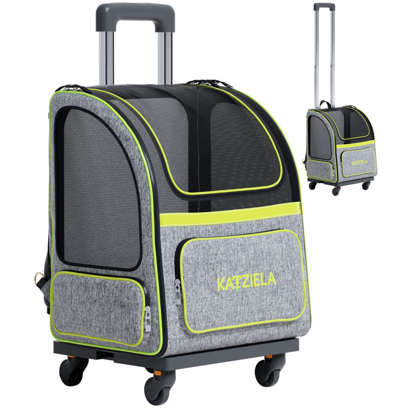 Katziela Hybrid Adventurer Pet Carrier Backpack with Removable Wheels and Telescopic Handle, Grey