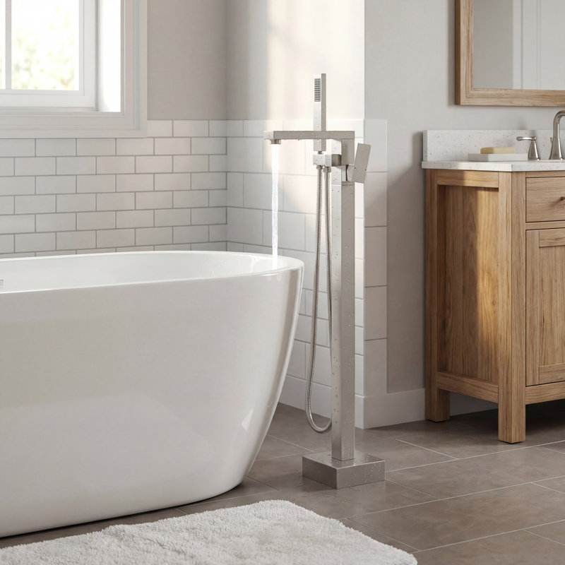 Dual-function 304 Stainless Steel Freestanding Tub Filler with Hand Shower, Brushed Nickel