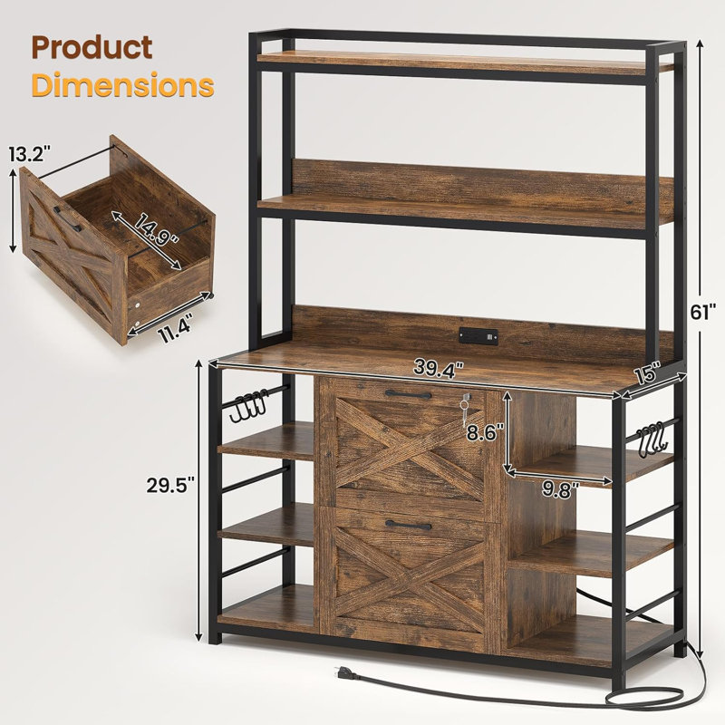 File Cabinet With Charging Station, Vertical Filing Cabinet With Lock For Home Office, Rustic Brown