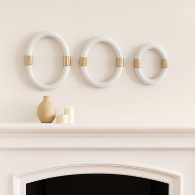 Oval Ring Wall Sculpture for Home Decor - Modern Wall Decor Hanging Perfect for Hallways or Entryways - Decorative Wall Art for Kitchen Decor or Artistic Wall Accent in Any Room - Set of 3, 14", White