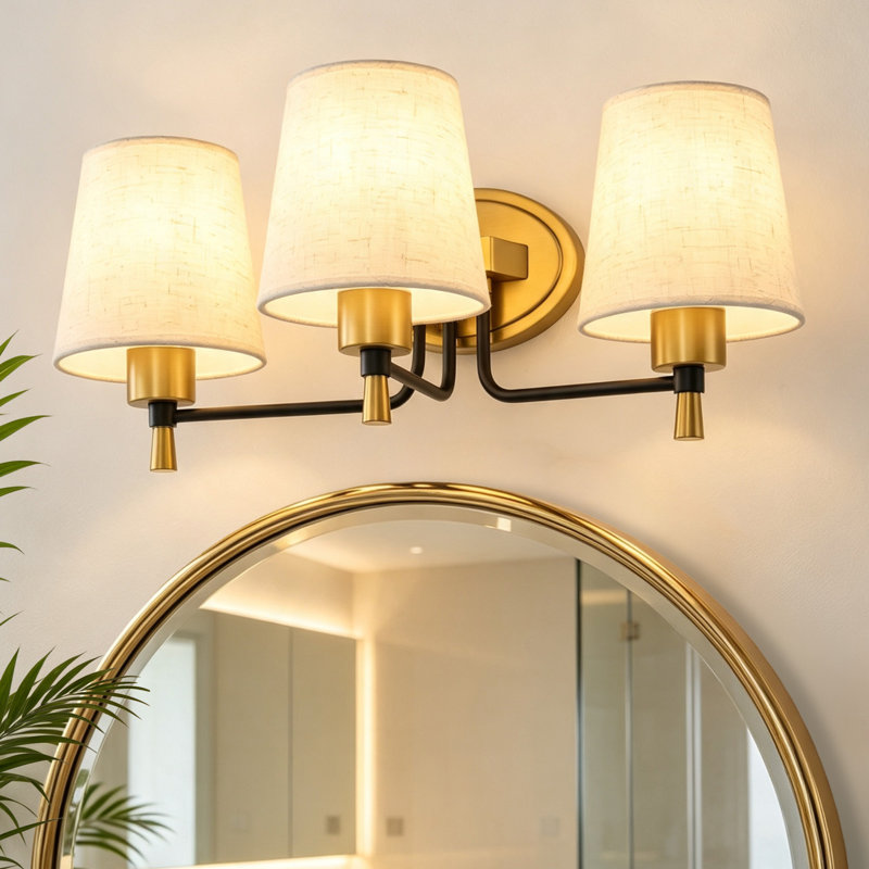 Luminaire de salle de bain 3 lumières à intensité variable moderne avec abat-jour en lin, Matte Black/Gold