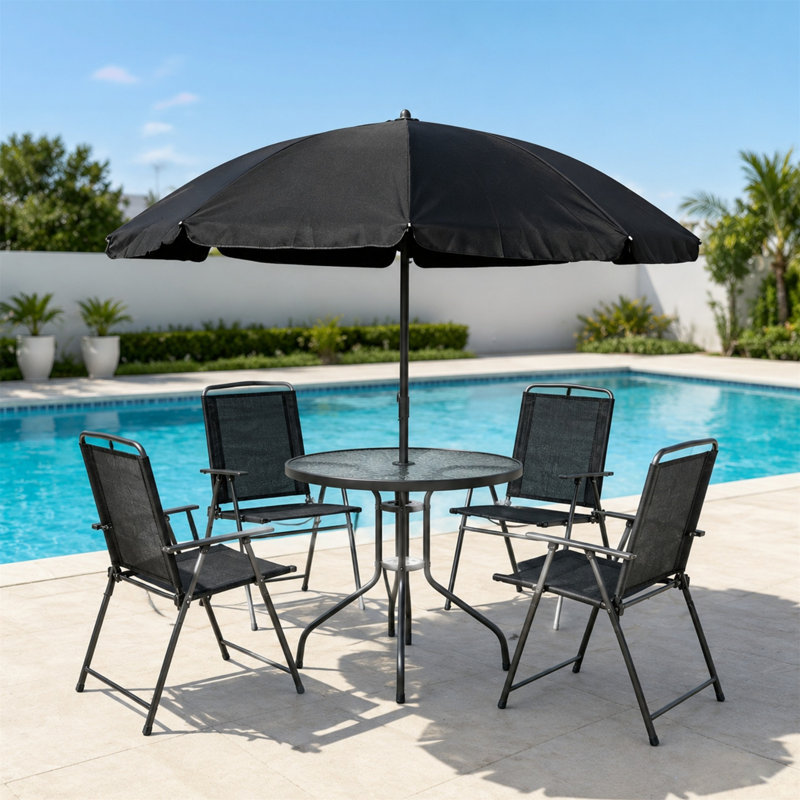 Ensemble de conversation de patio 6 pièces avec 4 chaises pliantes, table en verre trempé et parasol 67 po