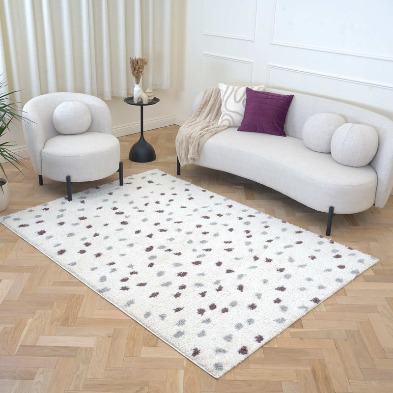 Moodi Modern Shaggy Area Rug Abstract Speckled Design, Rectangle 80 x 150 cm, Off-White Grey/Purple