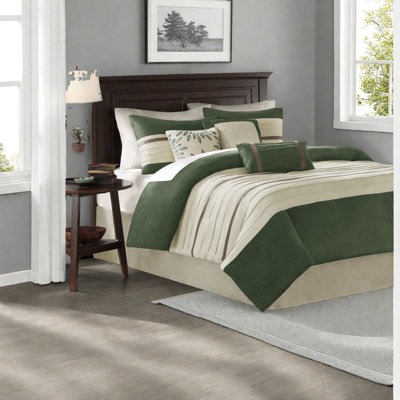 de literie en faux suède de trois pièces, édredon en polyester vert avec coussins décoratifs pour grand lit