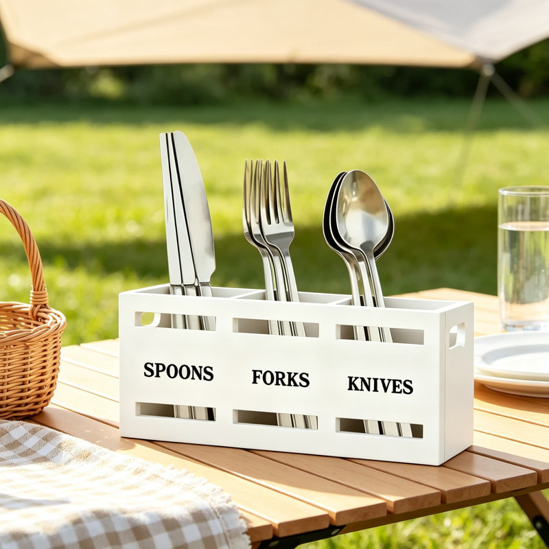 Porte-ustensiles de cuisine en bois avec trois compartiments, organisateur de porte-couverts rustique pour le rangement sur le comptoir de cuillères, fourchettes et couteaux, finition blanche élégante