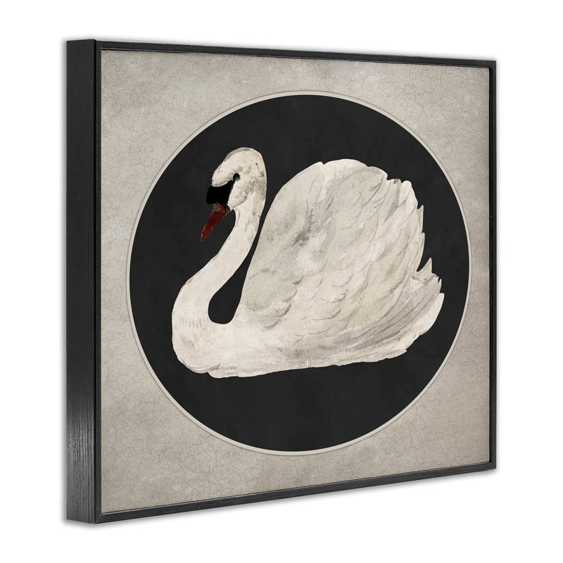 Cygne rétro dans un art ovale arrondi, estampe numérique avec lettres et lignes, Giclée encadrée noir minuit