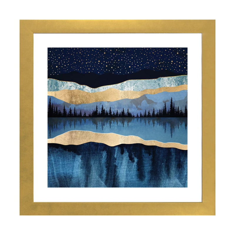 Lac de minuit - imprimé, Encadré en papier doré, H 16 po x l 16 po x p 1 po