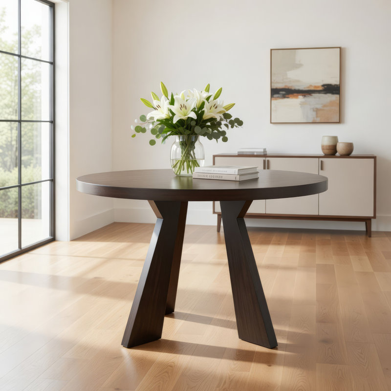 Table de salle à manger Kiana, bois d'hévéa massif brun foncé moderne, ronde 47 po