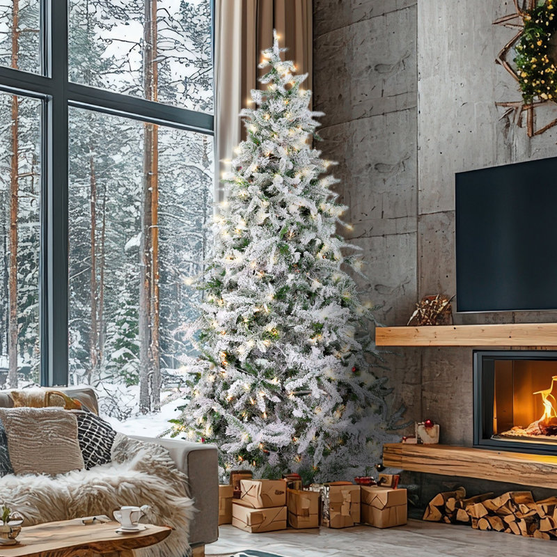 Remise en bois Arbre de Noël artificiel pin de montagne floqué avec lumières intelligentes incandescentes blanches