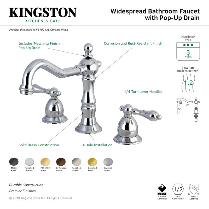 Robinet de salle de bain espacé avec ensemble de bonde Heritage, Chrome poli