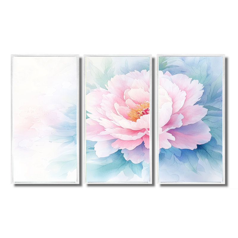 Adamantia - ensemble d'art mural pivoines, H 32 po x l 48 po, Reproduction avec cadre flottant, Blanc