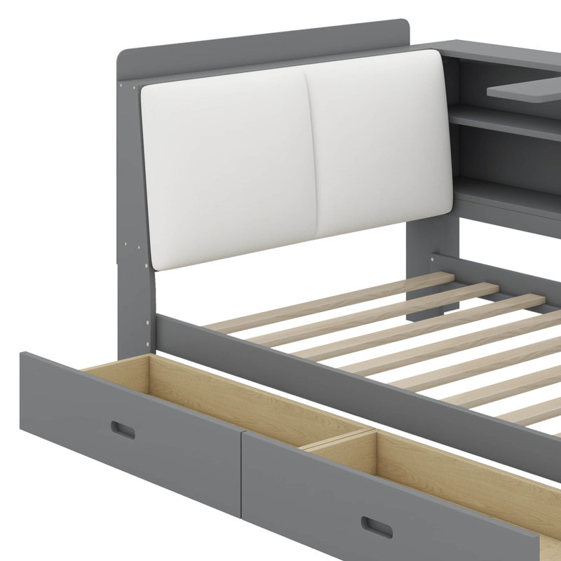 Lit plateforme simple avec tête de lit, tablettes et tiroirs de rangement, Gris