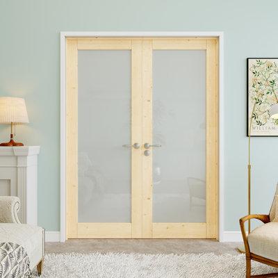 60" x 80" 1-Lite Pine Wood Frosted Glass Double Doors, French Doors Slab Replacement, Privacy Glass Door Slab, Paintable & Waterproof, Suit for Pantry Door, Laundry Door, Closet Door, Room Door, Home Office Door